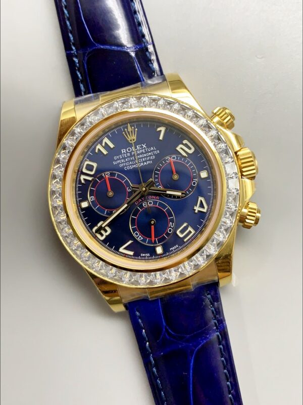 Rolex Daytona Blue Dial Diamond Bezel Gold Case Blue Leather Strap Chronograph 1:1 Superclone