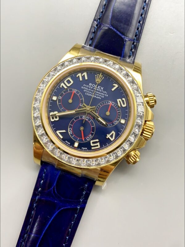Rolex Daytona Blue Dial Diamond Bezel Gold Case Blue Leather Strap Chronograph 1:1 Superclone