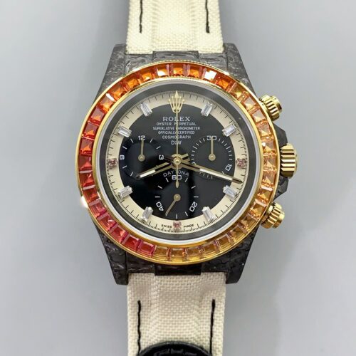Rolex Daytona DiW Carbon Edition Rainbow Bezel – Forged Carbon Casing Beige Strap(1:1Super Clone )